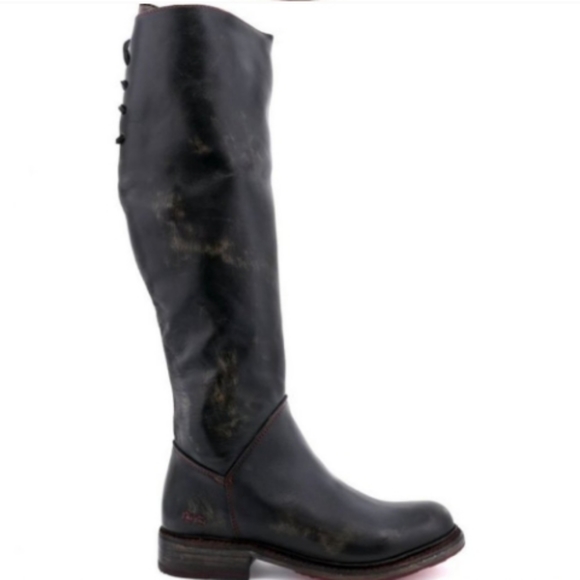 BED|STÜ Manchester Distressed Black Leather Knee-High Boots Red Stitching/Soles - Picture 3 of 16